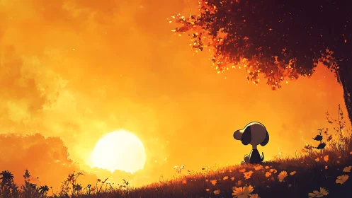 Cartoon dog sits under tree facing bright orange sunset