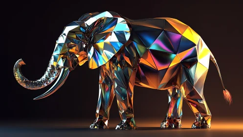 Low poly metallic elephant sculpture with prismatic surfaces.