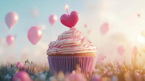Heart-Crowned Cupcake Dreams in Cotton Candy Clouds.