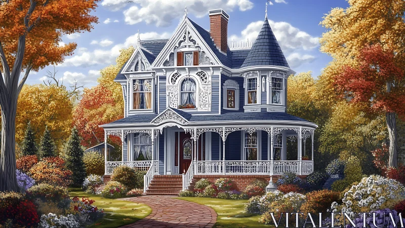 Victorian blue house wrapped in cozy autumn garden light.