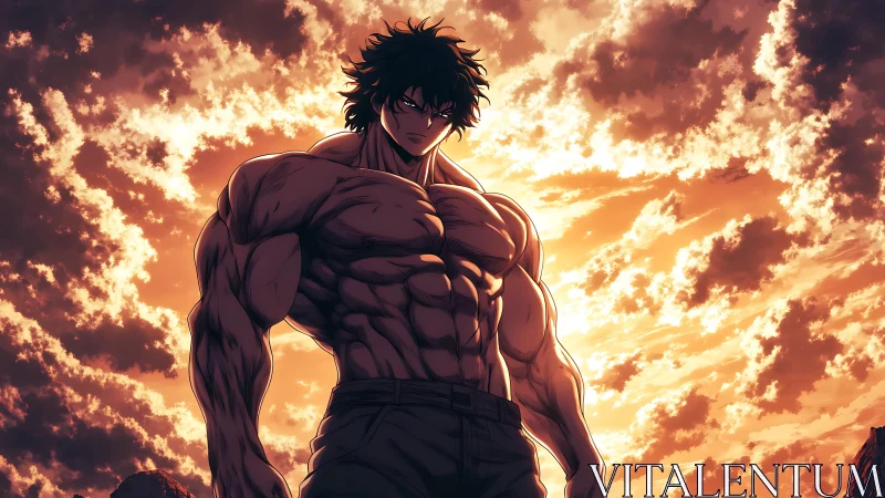 Muscular anime fighter against dramatic sunset sky.
