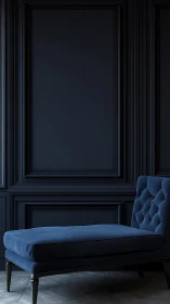Dark navy tufted chaise against paneled wall in soft light