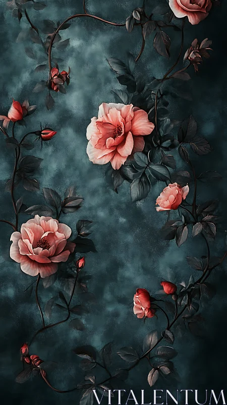 Coral Roses Against Moody Teal Background