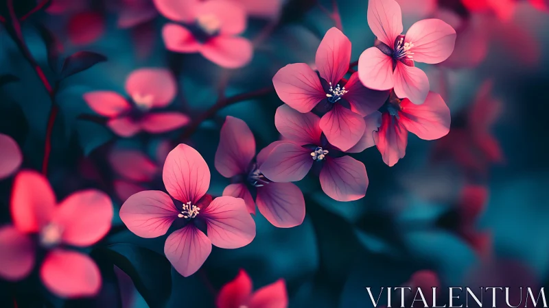 Pink Blossoms Against Teal: Macro Floral Depth Study.