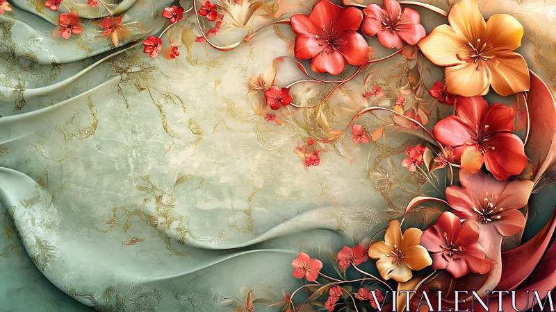 Vibrant Blooms Dance Across Flowing Silk Ribbons