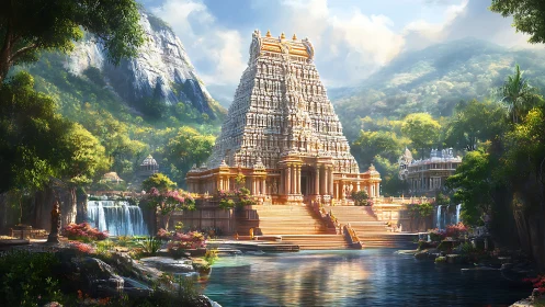 Stone temple complex set amid waterfalls and green hills.