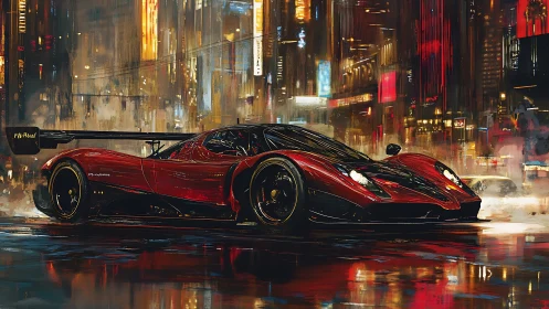 Sleek red hypercar roars through neon soaked city streets.