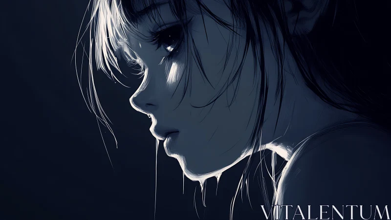 Side profile of pensive girl in dark monochrome light.