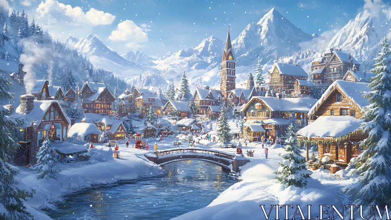 Snowlit alpine village sparkles with festive winter magic.