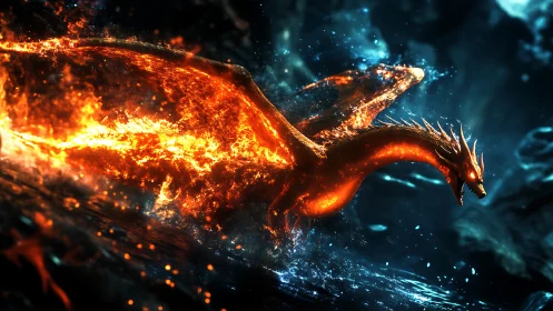 Incandescent fire dragon emerging through turbulent crystalline water