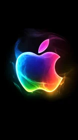 Neon rainbow apple logo on black digital glow background.
