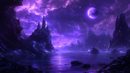 Luminescent alien seascape beneath a glowing violet moon.