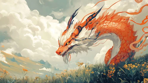 Orange scaled dragon over meadow under dense cloud cover.
