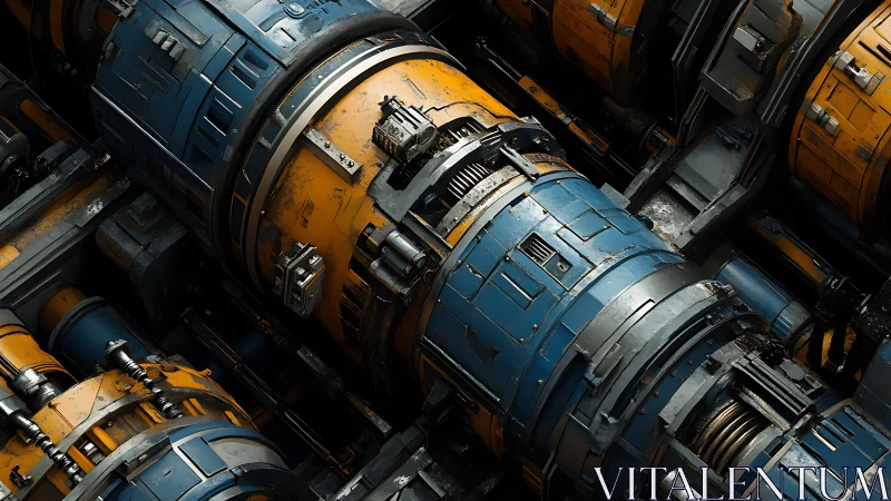 Industrial sci fi engine core in bold blue and yellow tones.