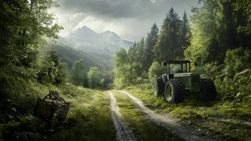 Rural forest trail with parked tractor under diffused mountain light