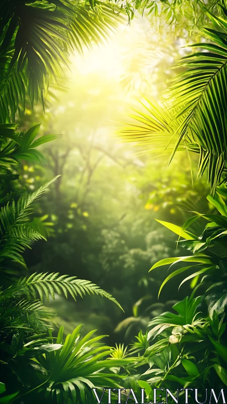 Tropical Canopy with Sunlight Breaking Through Palm Fronds.
