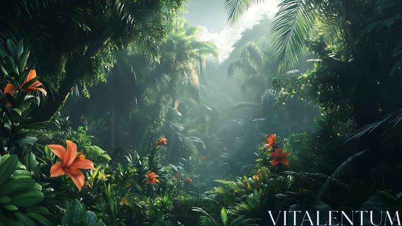 Lush Jungle Canopy with Orange Lilies and Misty Atmospheric Rays.