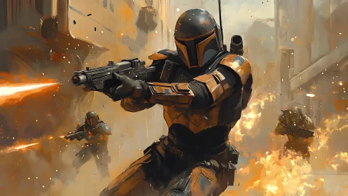 Armored sci fi troopers advance through blazing urban warzone.