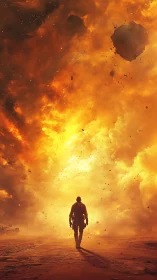 Silhouette soldier walks toward massive fiery explosion