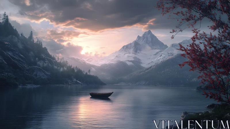 Solitary wooden boat rests on alpine lake at atmospheric dusk