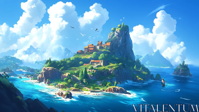 Floating Island Castle Among Azure Seas and Clouds.