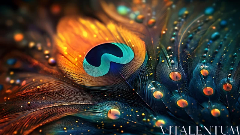 Glowing peacock feather shimmered with dreamy jeweled droplets.