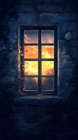 Window Aperture Framing Sunset Landscape Through Dark Stone