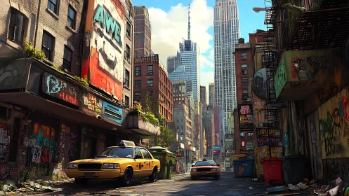 Yellow taxi cabs drive through a graffiti covered city alley