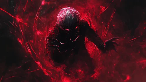 Shadowed ember spirit reaching through crimson storm.