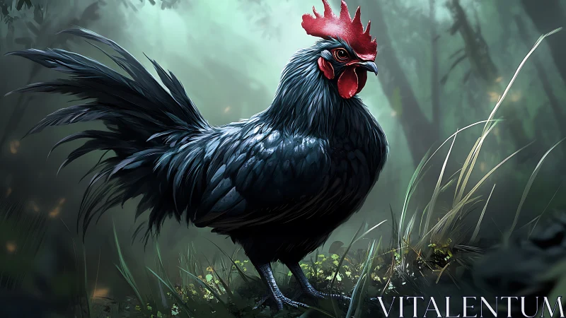 Black Rooster Portrait: Dramatic Fowl with Crimson Comb in Misty Forest