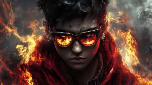Fiery youth in reflective shades amid cinematic inferno.