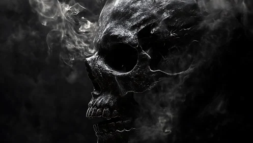 Smoke-shrouded skull emerges from darkness in stark profile.
