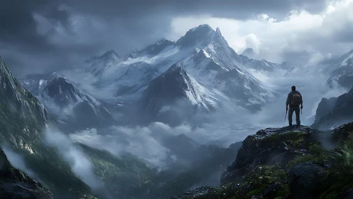 Solitary mountaineer surveying glacial valley under stormfront.