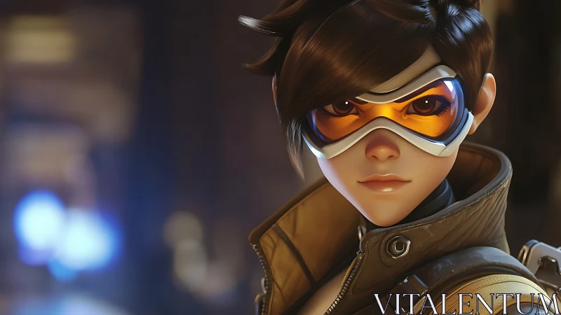 Confident sci fi heroine with orange visor in soft focus cityscape.