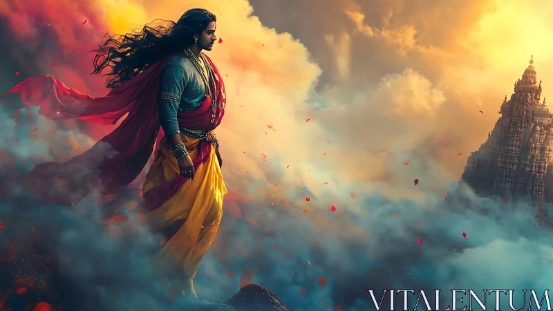 Figure in traditional garments above clouds near distant temple.