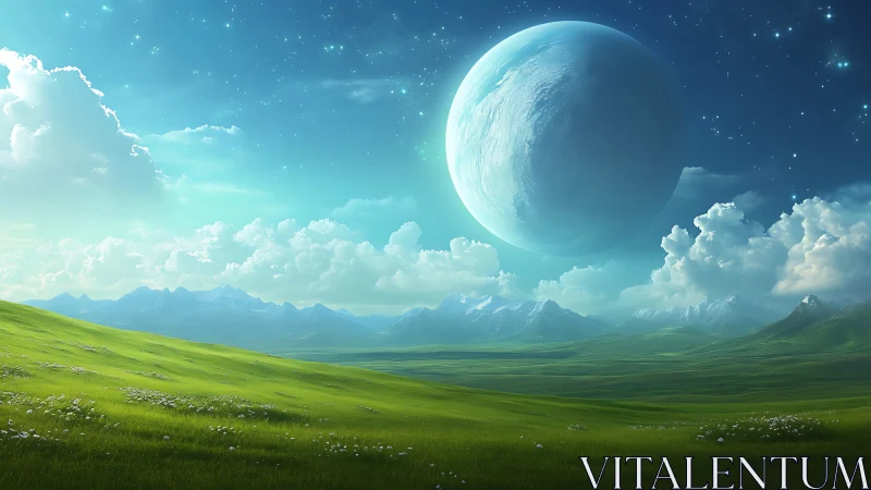 Vast green valley lies beneath colossal blue planet