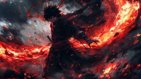 Dark anime swordsman commands swirling inferno in storm