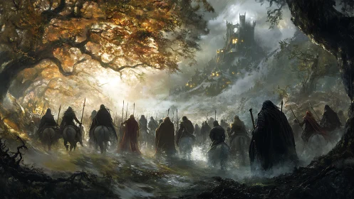 Mounted cloaked riders advance through forest toward citadel.