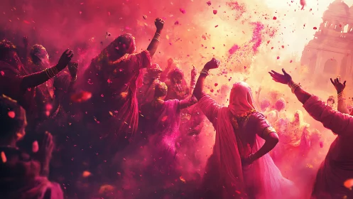 Vibrant Holi Festival Celebration with Women Dancing in Colorful Haze.
