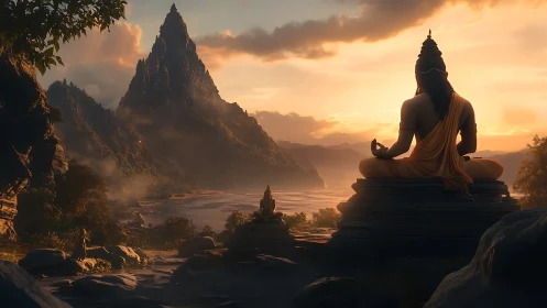 Sunlit mountain meditation scene radiates sacred tranquility