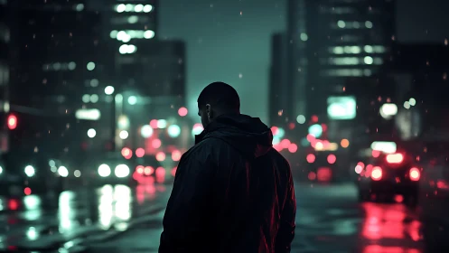 Solitary figure walks through neon soaked midnight city rain