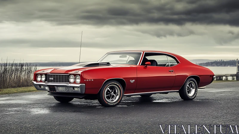 Photorealistic red muscle car on coastal asphalt roadway.