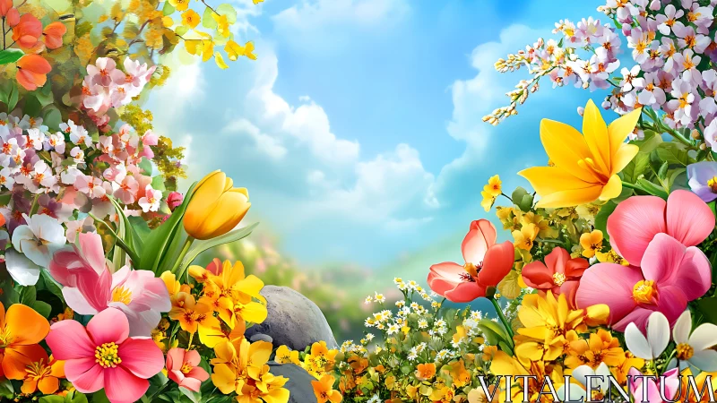 Vibrant Flower Garden with Multicolored Blooms and Blue Sky.