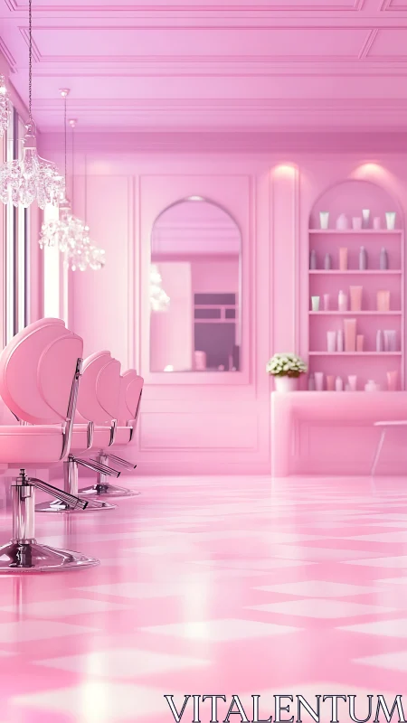 Monochrome pink salon interior with glossy styling chairs.
