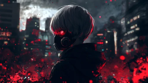 Backlit masked figure with red bioluminescent eyes in urban nightscape