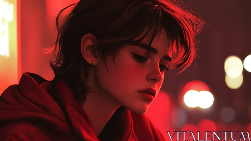 Neon hush around a wistful nightwalker in crimson glow.