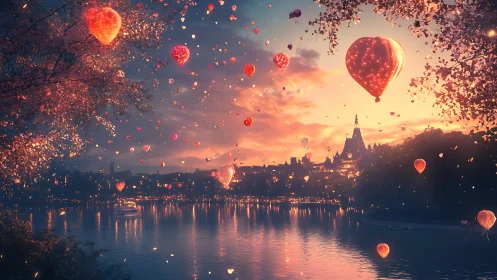 Heart-shaped lantern balloons drift above a luminous riverside city