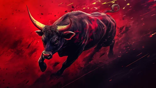Charging bull illustration in red abstract motion field.