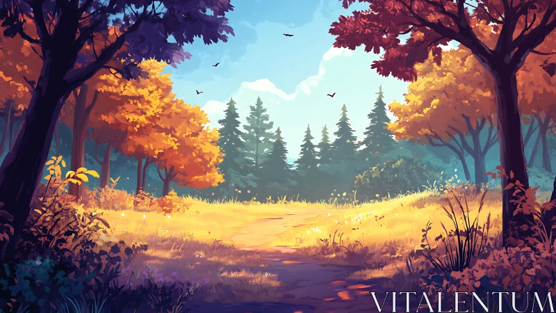 Autumnal forest clearing with evergreen backdrop.