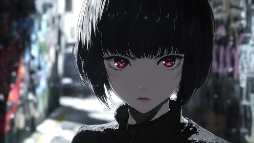 Short haired anime figure with red eyes in narrow alleyway.